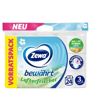 Essity Germany GmbH Zewa Bewährt Lufterfrischer Toilettenpapier, 3-lagig, Klopapier mit Strohanteil neutralisiert unangenehme Gerüche, 1 Packung = 24 Rollen à 150 Blatt