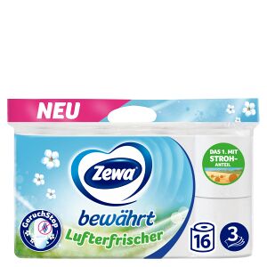 Essity Germany GmbH Zewa Bewährt Lufterfrischer Toilettenpapier, 3-lagig, Klopapier mit Strohanteil neutralisiert unangenehme Gerüche, 1 Packung = 16 Rollen à 150 Blatt