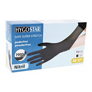 Franz Mensch GmbH HYGOSTAR® Safe Super Stretch Nitrilhandschuhe, puderfrei, schwarz, Unsterile und extrem elastische Einmalhandschuhe, 1 Karton = 10 Packungen à 100 Stück, Größe L