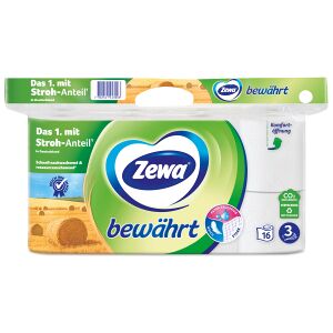 Essity Germany GmbH Zewa Bewährt Toilettenpapier, 3-lagig mit Strohanteil, Sanftig weiße Toilettentücher, 1 Packung = 16 Rollen à 150 Blatt