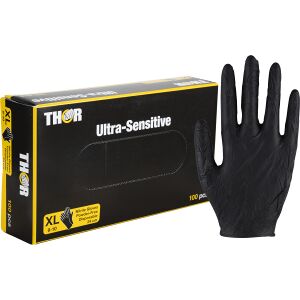 ABENA® Thor Ultra Sensitive Nitrilhandschuhe, puderfrei, schwarz, Sehr elastische und extra softe Einmalhandschuhe, 1 Karton = 10 Packungen à 100 Stück, Größe XL