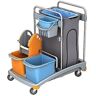 Cleankeeper Gerätewagen I - 4, 120 l Abfallbehälter inkl. 120 l Abfallsack - blau, 2 x 20 l , 1 x 6 l Eimer - blau / orange, 1 Mopppresse