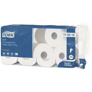 Essity Professional Hygiene Germany GmbH Tork Kleinrollen Toilettenpapier T4 Premium, 3-lagig, weiß, Perforiert & mit Dekoprägung, extra weich, 1 Packung = 8 Rollen