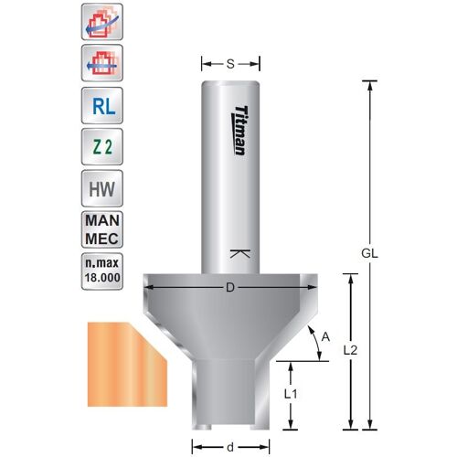 Titmann Abkantfasefräser HW S=12 D36/16 45°