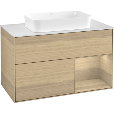 Villeroy & Boch Finion Waschtischunterschrank Eiche furniert - Wandhängend mit Beleuchtung Villeroy & Boch Finion Waschtischunterschrank Eiche furniert - Wandhängend mit Beleuchtung