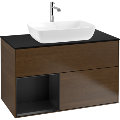 Villeroy und Boch Finion Waschtischunterschrank F772PDGN 100cm, Abdeckplatte black matt, Regale Black matt lacquer, Walnut veneer Villeroy und Boch Finion Waschtischunterschrank F772PDGN 100cm, Abdeckplatte black matt, Regale Black matt lacquer, Walnut veneer