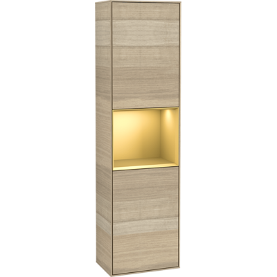 Villeroy & Boch Finion Badezimmer Hochschrank mit Beleuchtung - Eiche Furnier / Gold Matt Lack Villeroy & Boch Finion Badezimmer Hochschrank mit Beleuchtung - Eiche Furnier / Gold Matt Lack