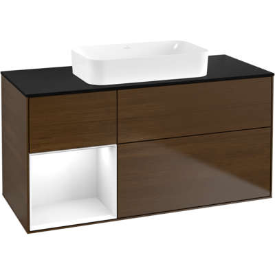 Villeroy und Boch Finion Waschtischunterschrank G702GFGN 120x60,3x50,1cm, Regal rechts Glossy white lacquer, Walnut veneer Villeroy und Boch Finion Waschtischunterschrank G702GFGN 120x60,3x50,1cm, Regal rechts Glossy white lacquer, Walnut veneer