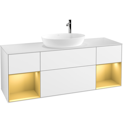 Villeroy und Boch Finion Waschtischunterschrank G981HFGF 160cm, Abdeckplatte white matt, Emotion, Regale Gold matt lacquer, Glossy white lacquer Villeroy und Boch Finion Waschtischunterschrank G981HFGF 160cm, Abdeckplatte white matt, Emotion, Regale Gold matt lacquer, Glossy white lacquer