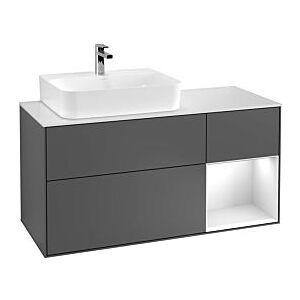 Villeroy und Boch Finion Waschtischunterschrank G152GFHH 120cm, Abdeckplatte black matt, Emotion, Regal links Glossy white lacquer, Sand Matt Lacquer