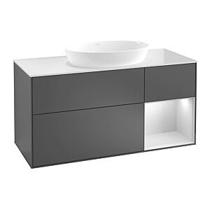 Villeroy und Boch Finion Waschtischunterschrank F952HGGF 120cm, Abdeckplatte black matt, Regale Midnight matt lacquer, Glossy white lacquer