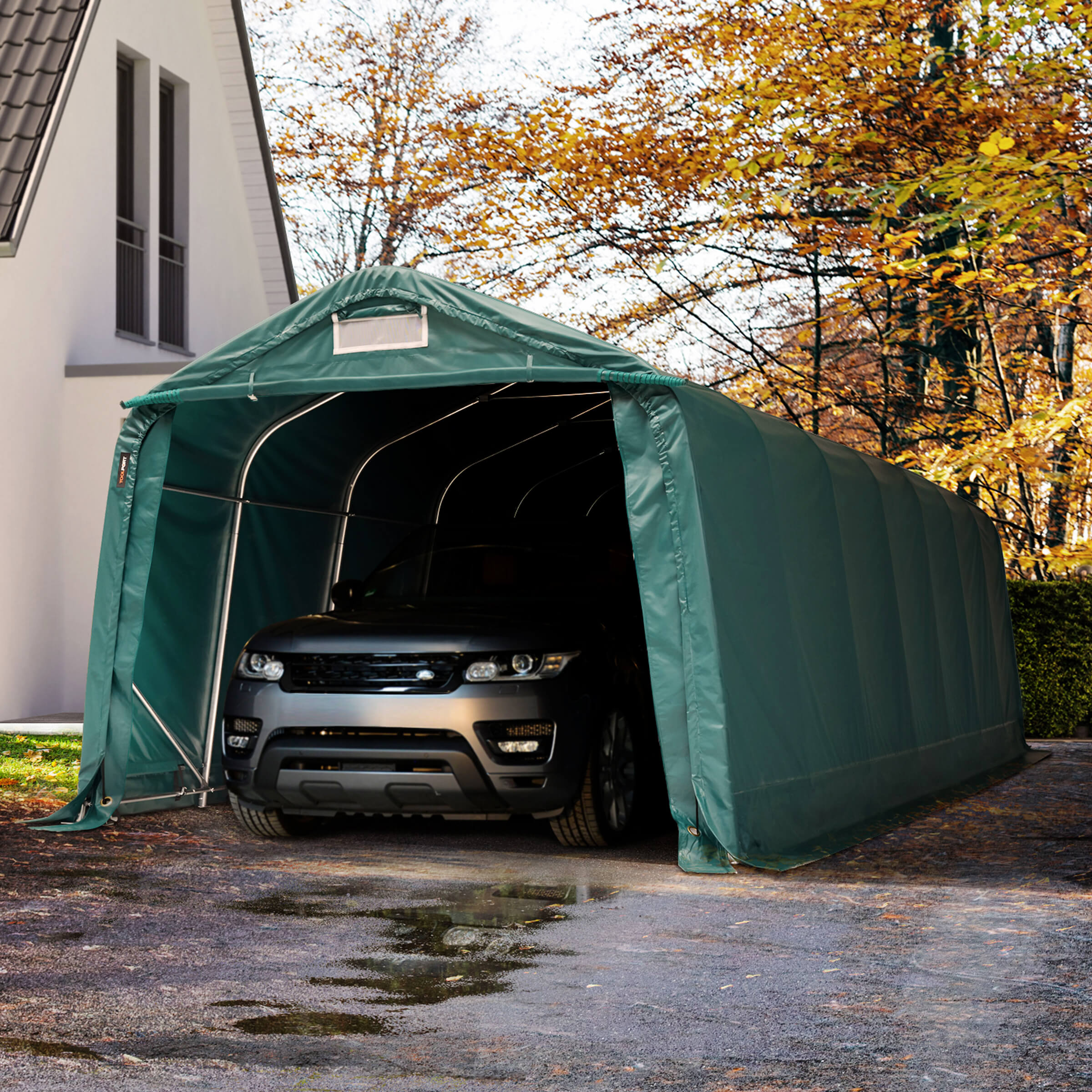 TOOLPORT Zeltgarage 3,3x8,4m PVC 550 g/m² dunkelgrün wasserdicht Garagenzelt TOOLPORT Zeltgarage 3,3x8,4m PVC 550 g/m² dunkelgrün wasserdicht Garagenzelt