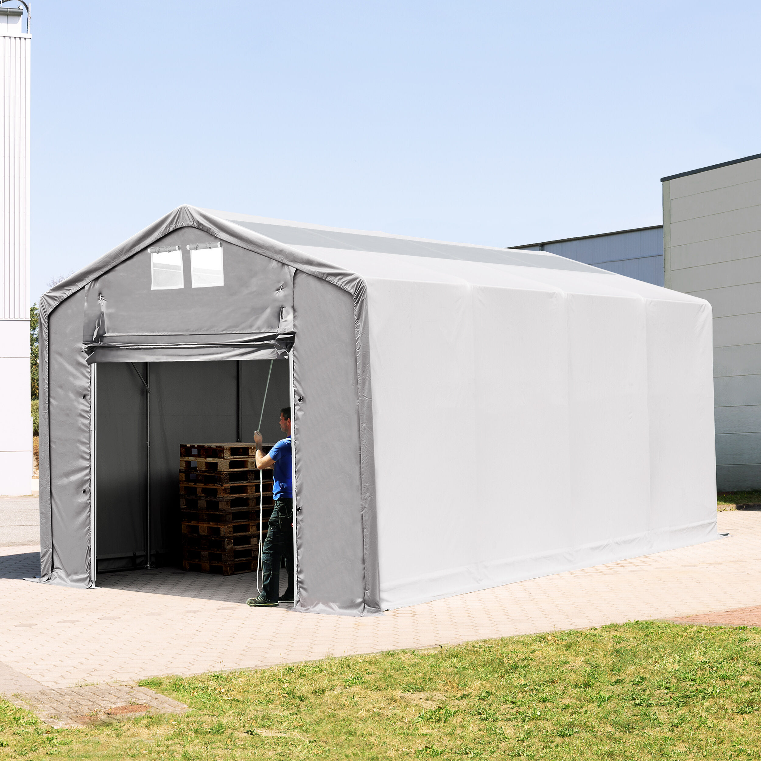 TOOLPORT Zelthalle 4x8m PVC 550 g/m² grau wasserdicht Industriezelt