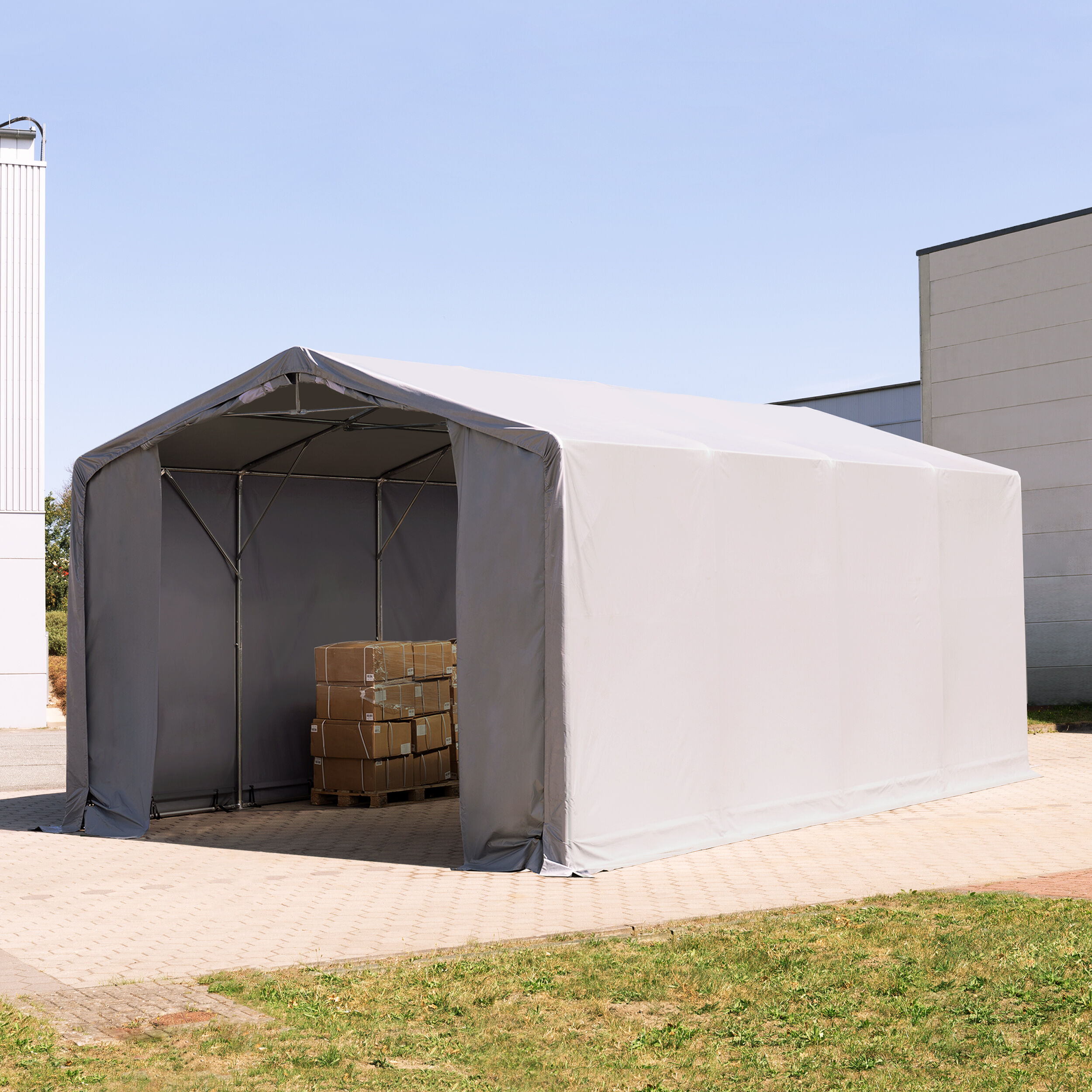 TOOLPORT Zelthalle 6x8m PVC 550 g/m² grau wasserdicht Industriezelt TOOLPORT Zelthalle 6x8m PVC 550 g/m² grau wasserdicht Industriezelt