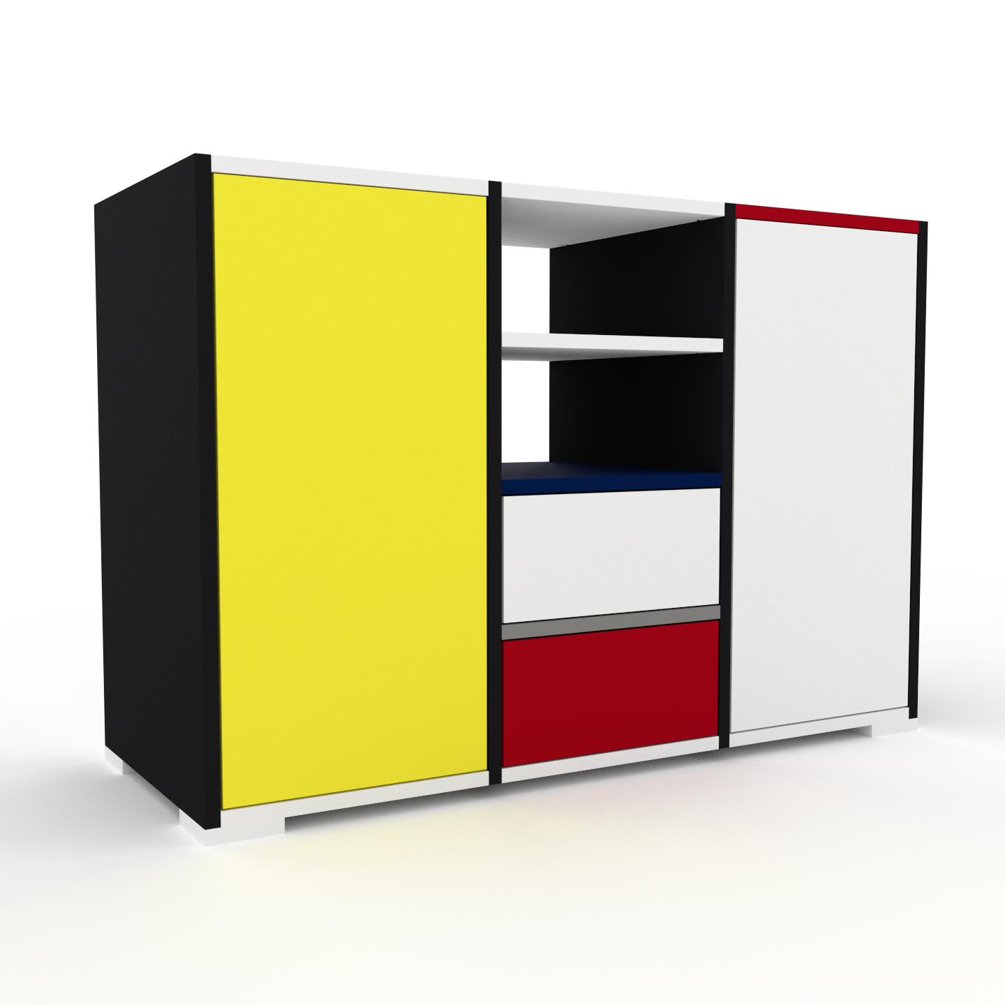 MYCS Bücherregal Weiß - Modernes Regal für Bücher: Schubladen in Rot & Türen in Zitronengelb - 118 x 81 x 47 cm, konfigurierbar
