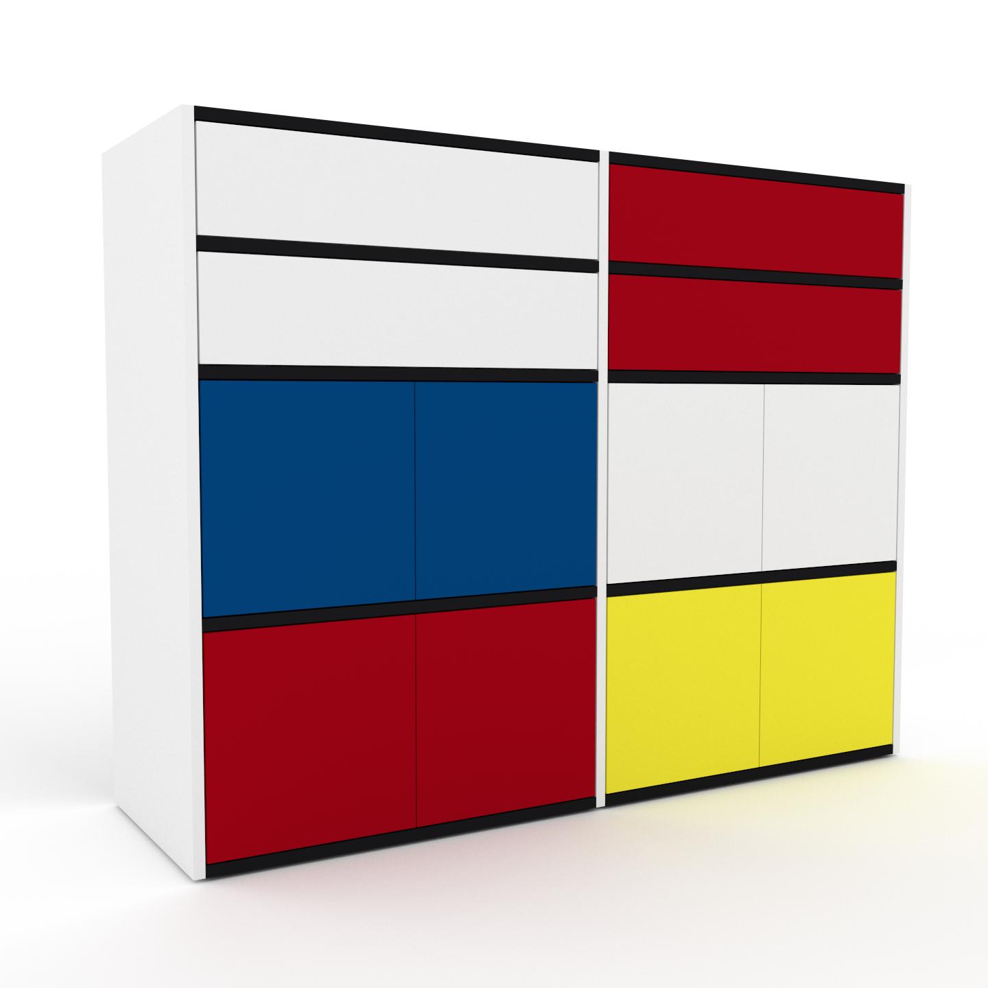 MYCS Holzregal Weiß - Modernes Regal aus Holz: Schubladen in Weiß & Türen in Rot - 152 x 118 x 47 cm, Personalisierbar