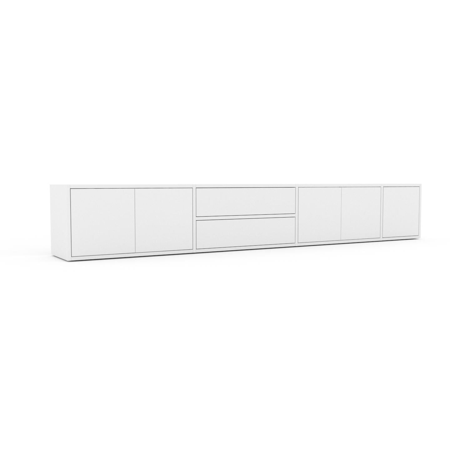 MYCS Bücherregal Weiß - Modernes Regal für Bücher: Schubladen in Weiß & Türen in Weiß - 265 x 41 x 35 cm, konfigurierbar