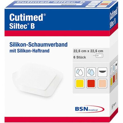 Cutimed Siltec B Schaumverb.22,5x22,5 cm m.Haftr. 6 St Kompressen Cutimed Siltec B Schaumverb.22,5x22,5 cm m.Haftr. 6 St Kompressen