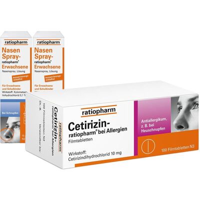 Cetirizin ratiopharm 10mg bei Allergien Filmtabletten + 2er Set Nasenspray 1 St Cetirizin ratiopharm 10mg bei Allergien Filmtabletten + 2er Set Nasenspray 1 St