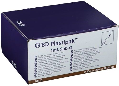 BD Plastipak™ Spezialspritze Sub-Q 26 G 1/2 mit eingeschweißter Kanüle 100X1 ml Spritzen