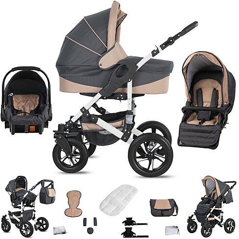 Friedrich Hugo Hamburg   3 in 1 Kombi Kinderwagen Komplettset   Hartgummireifen Kombikinderwagen grau/beige