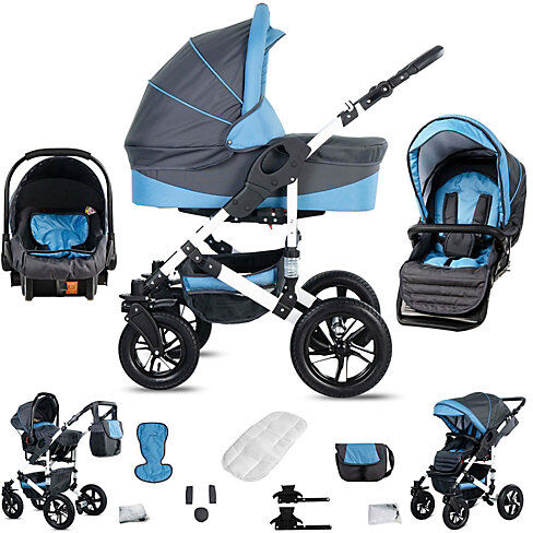 Friedrich Hugo Hamburg   3 in 1 Kombi Kinderwagen Komplettset   Hartgummireifen Kombikinderwagen grau/hellblau