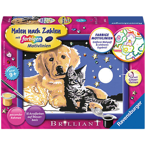 Ravensburger Malen nach Zahlen, 13x18 cm, mit farbigen Motivlinien & Glitzersteine, Funkelnder Sternenhimmel Hund & Katze