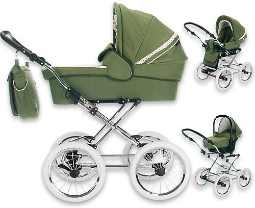 Friedrich Hugo Natureline Uni   3 in 1 Kombi Kinderwagen Komplettset   Öko Nostalgie Kinderwagen Kombikinderwagen grün