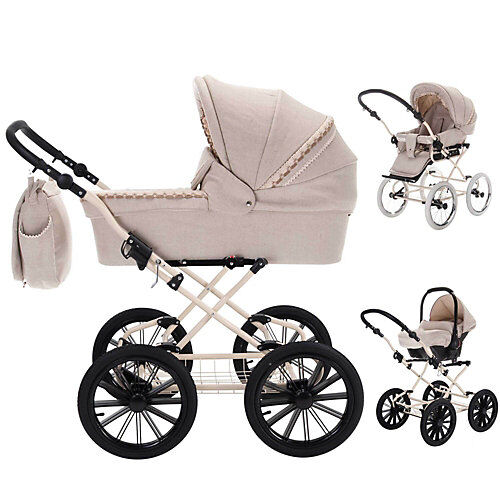 Friedrich Hugo Natureline Uni   3 in 1 Kombi Kinderwagen Komplettset   Öko Nostalgie Kinderwagen Kombikinderwagen beige