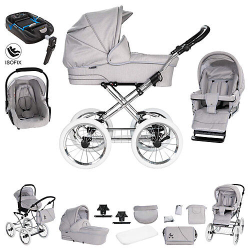 Friedrich Hugo München   4 in 1 Kombi Kinderwagen   ISOFIX Set Kombikinderwagen silber matt