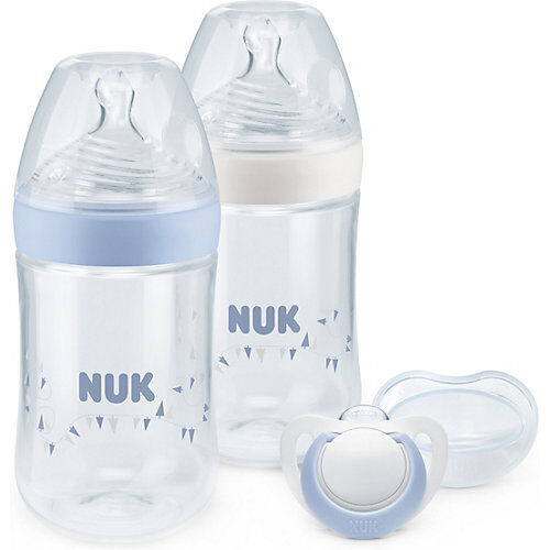 NUK Weithals Flasche Natur Sense, Silikon-Trinksauger, 260 ml, blau, 4-tlg.