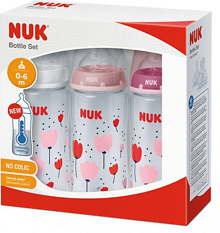 NUK First Choice Plus Flaschen-Set Girl mit Temperature Control Anzeige, 3 Babyflaschen 300ml, Silikon-Trinksauger, 0-6 M rosa