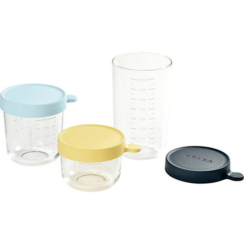 BÉABA 3er Set Portionsbehälter aus hochwertigem Glas (150 ml gelb / 250 ml hellblau / 400 ml dunkelblau) blau/gelb