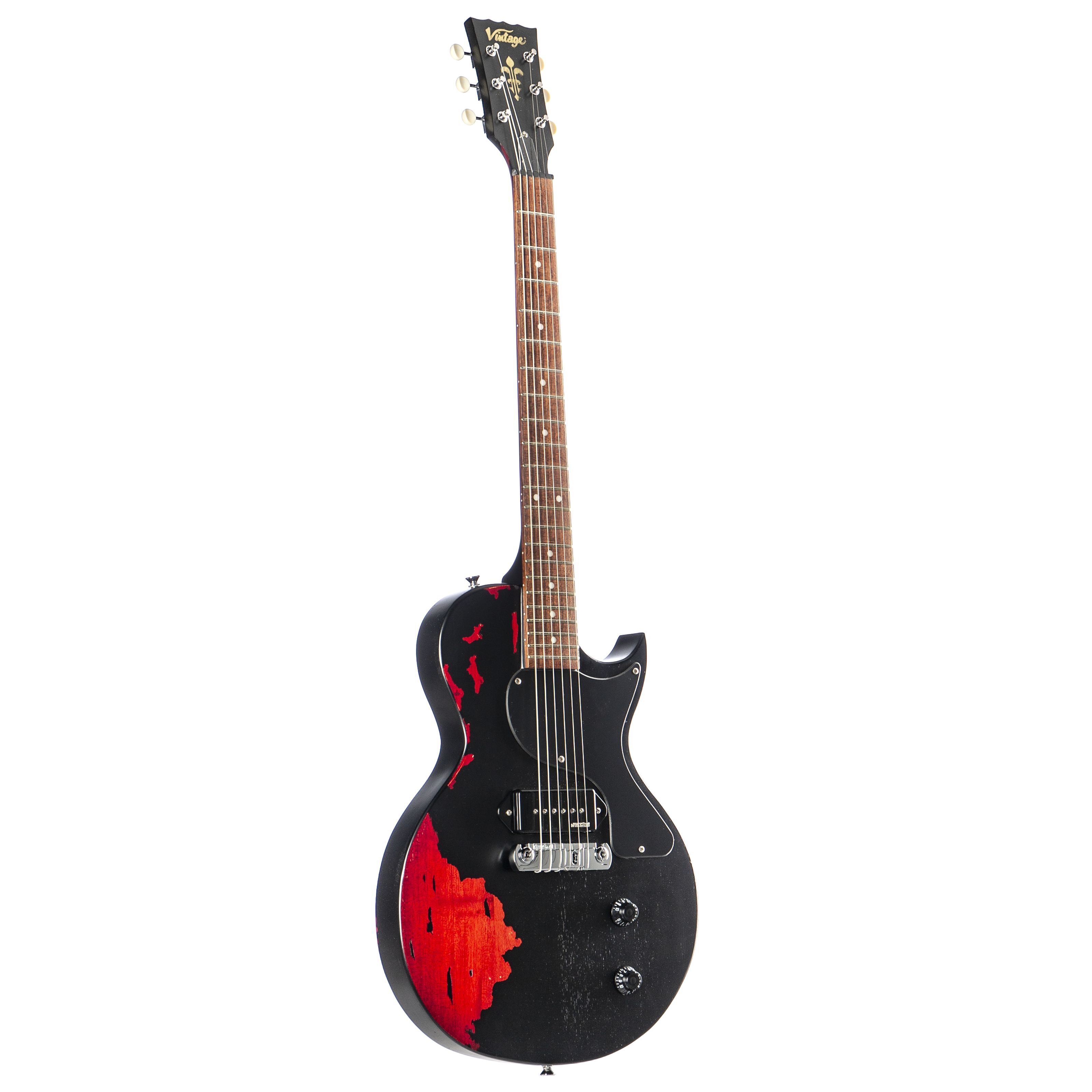 Vintage Icon V120MRBK Distressed Black over Red - Single Cut E-Gitarre