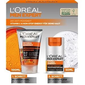 L’Oréal Paris Men Expert Collection Hydra Energy Geschenkset Erfrischendes Waschgel Aufwach-Kick 100 ml + 24H Anti-Müdigkeits Feuchtigkeitspflege 50 ml