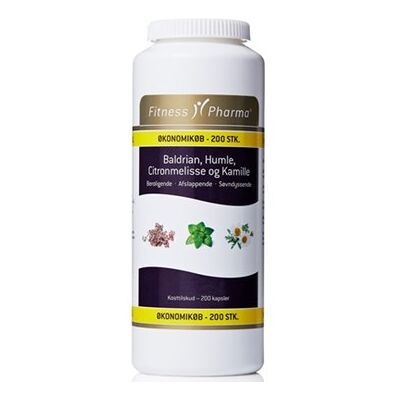 Fitness Pharma Baldrian, Humle, Citronmelisse og Kamille Kosttilskud 200 stk Fitness Pharma Baldrian, Humle, Citronmelisse og Kamille Kosttilskud 200 stk