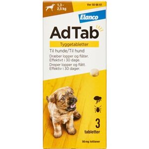 AdTab til hunde 1.3-2.5 kg 56 mg (Håndkøb, apoteksforbeholdt) 3 stk Tyggetabletter - Flåtmiddel - Loppemiddel