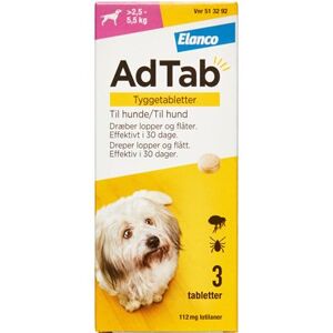 AdTab til hunde >2.5-5.5 kg 112 mg (Håndkøb, apoteksforbeholdt) 3 stk Tyggetabletter - Flåtmiddel - Loppemiddel