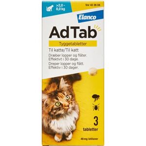 AdTab til katte >2.0-8.0 kg 48 mg (Håndkøb, apoteksforbeholdt) 3 stk Tyggetabletter - Flåtmiddel - Loppemiddel