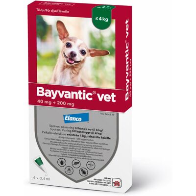 Bayvantic Vet., hunde max 4 kg 500 + 100 mg/ml 1,6 ml Spot-on, opløsning Bayvantic Vet., hunde max 4 kg 500 + 100 mg/ml 1,6 ml Spot-on, opløsning