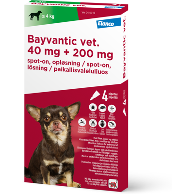 Bayvantic Vet., hunde max 4 kg 500 + 100 mg/ml 1,6 ml Spot-on, opløsning Bayvantic Vet., hunde max 4 kg 500 + 100 mg/ml 1,6 ml Spot-on, opløsning