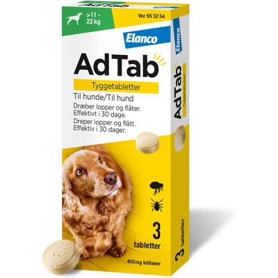 AdTab til hunde >11-22 kg 450 mg 6 stk Tyggetabletter AdTab til hunde >11-22 kg 450 mg 6 stk Tyggetabletter