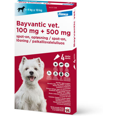 Bayvantic Vet., hunde 4-10 kg 500 + 100 mg/ml 4 ml Spot-on, opløsning Bayvantic Vet., hunde 4-10 kg 500 + 100 mg/ml 4 ml Spot-on, opløsning
