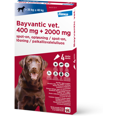 Bayvantic Vet., hunde 25-40 kg 500 + 100 mg/ml 16 ml Spot-on, opløsning Bayvantic Vet., hunde 25-40 kg 500 + 100 mg/ml 16 ml Spot-on, opløsning