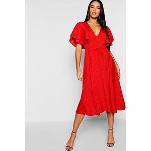 Mini Polka Dot Ruffle Angel Sleeve Midi Dress  red 42 Female