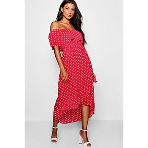 Woven Polka Dot Print Bardot Maxi Dress  red 42 Female