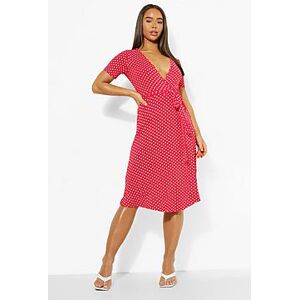 Polka Dot Belted Midi Wrap Tea Dress  red 36 Female