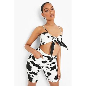 Cow Print Denim Boyfriend Shorts  white 34 Female