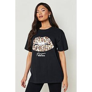 Leopard Lips Slogan T-Shirt  black XL Female