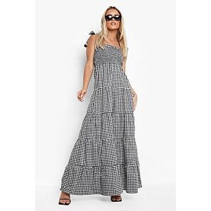 Petite Gingham Pom Pom Shoulder Maxi Dress  black 34 Female